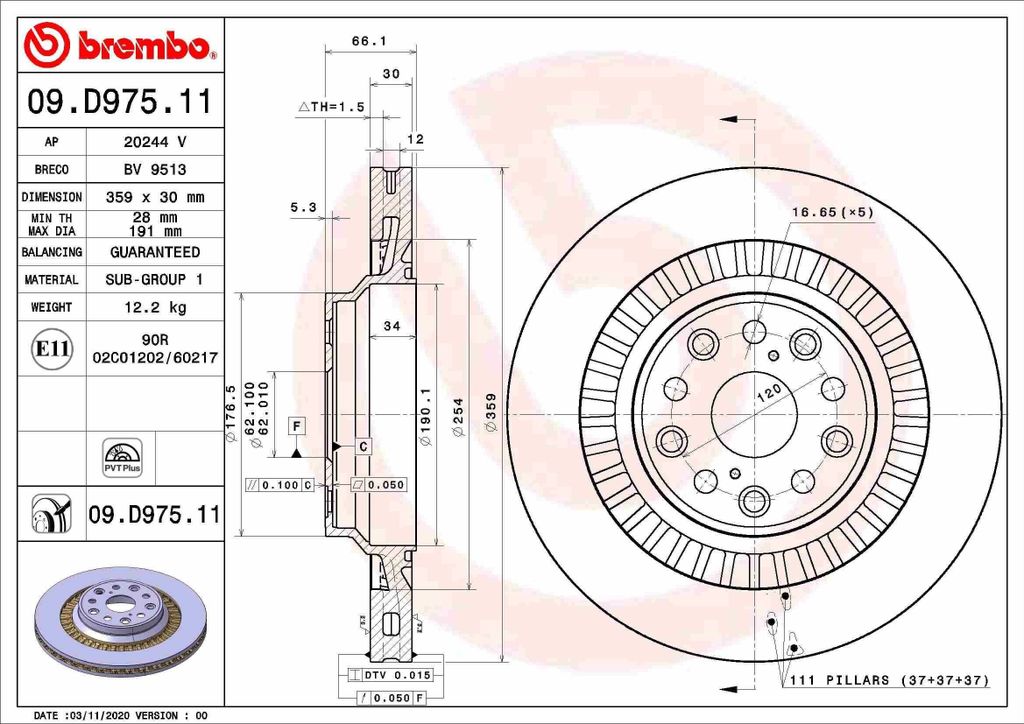 BREMBO 09.D975.11 - OE 4243211010 Bremsscheibe für LC (Z10), LS (F5)