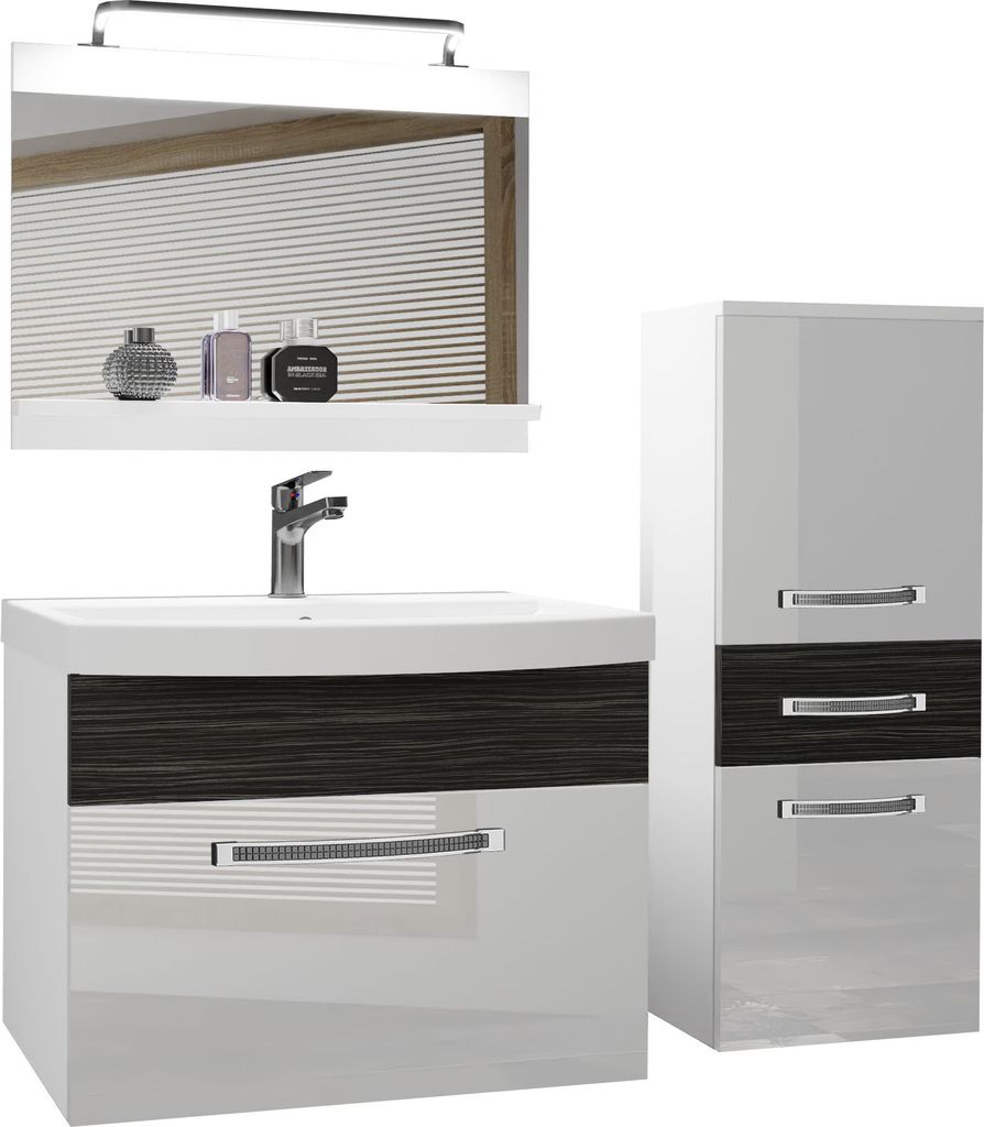 BELINI Badmöbel Vollausstattung Set Waschbeckenschrank, kleiner Schrank, Waschbecken, Spiegel, Lampe (Biały / Heban Royal, Glänzend und Matt)