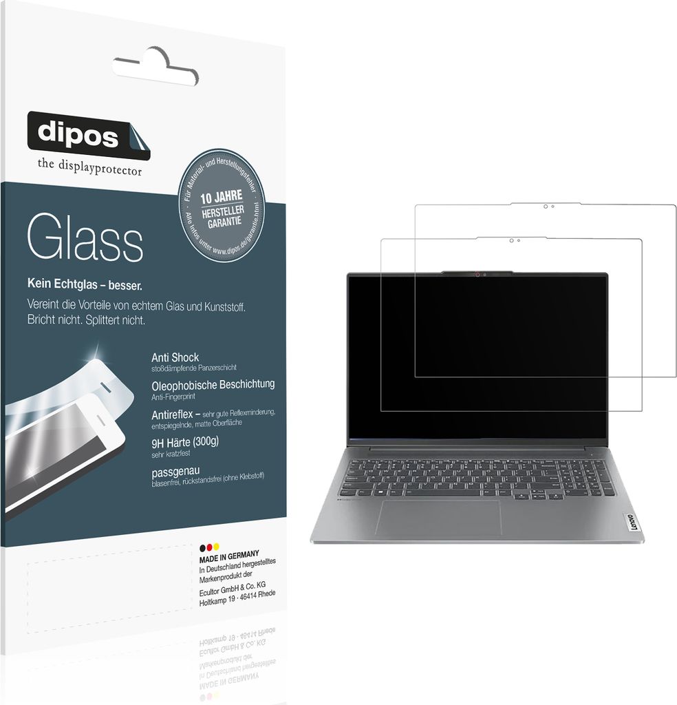 2x Schutzfolie für Lenovo IdeaPad Pro 5i Gen 10 16 Zoll matt - Anti-Shock 9H Folie dipos Glass Kunststoffglas