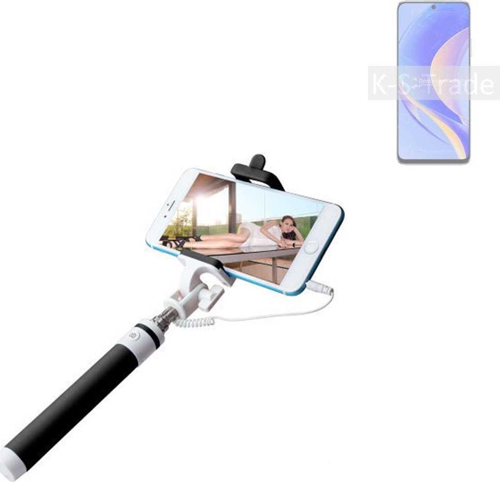 K-S-Trade Selfie Stick kompatibel mit Huawei nova Y90 Selfiestick kabelgebunden Monopod mit Kabel Stab Stange Selfportrait Handheldstick schwarz 1x