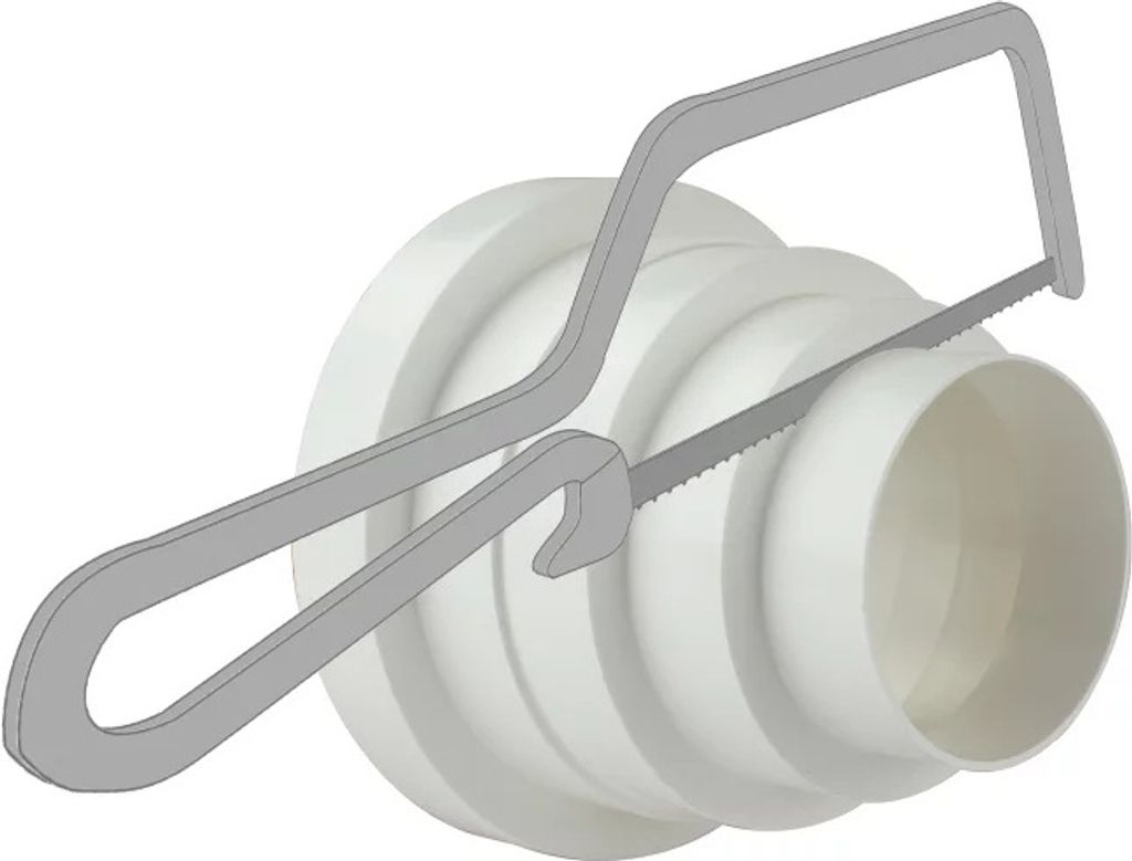 A hacksaw cutting a white plastic pipe.