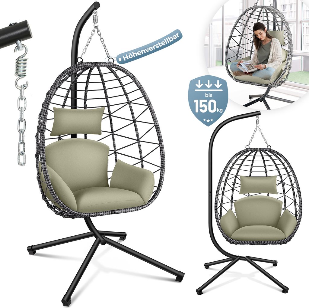 Makika Hängesessel mit Gestell höhenverstellbar aus Polyrattan in Grün / Grau