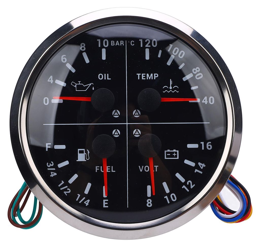 4-in-1-Kraftstoffstandsanzeige, Öldruck, Wassertemperatur, Voltmeter, 3/8 Zoll E 1/4 1/2 3/4 F, 0 bis 10 bar, 40 120 °C, 8 16 V, für Wohnmobil, ...