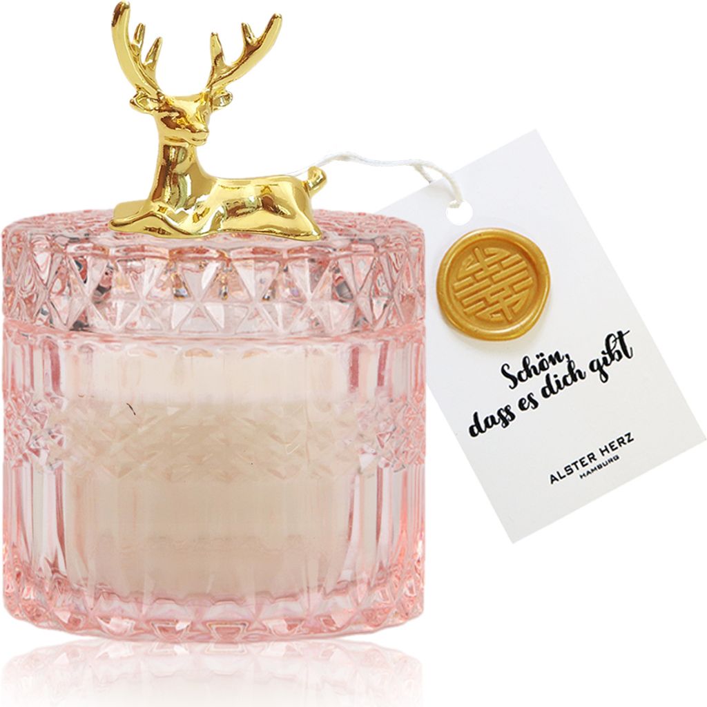 Luxus Duftkerze "Rentier", Rosa, Duftkerzen im Glas, Geschenk, Geschenkidee, 40-45 Std Brenndauer, K004