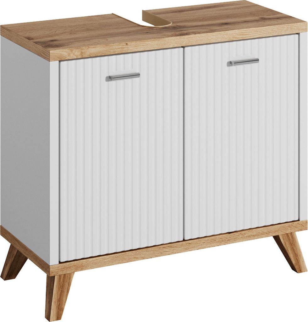 Badplaats Waschbeckenunterschrank Colima 60 x 28 x 54 cm Eiche mit Weiß - Badezimmerschrank auf Füßen mit 2 Türen und Soft-Close-Schließung