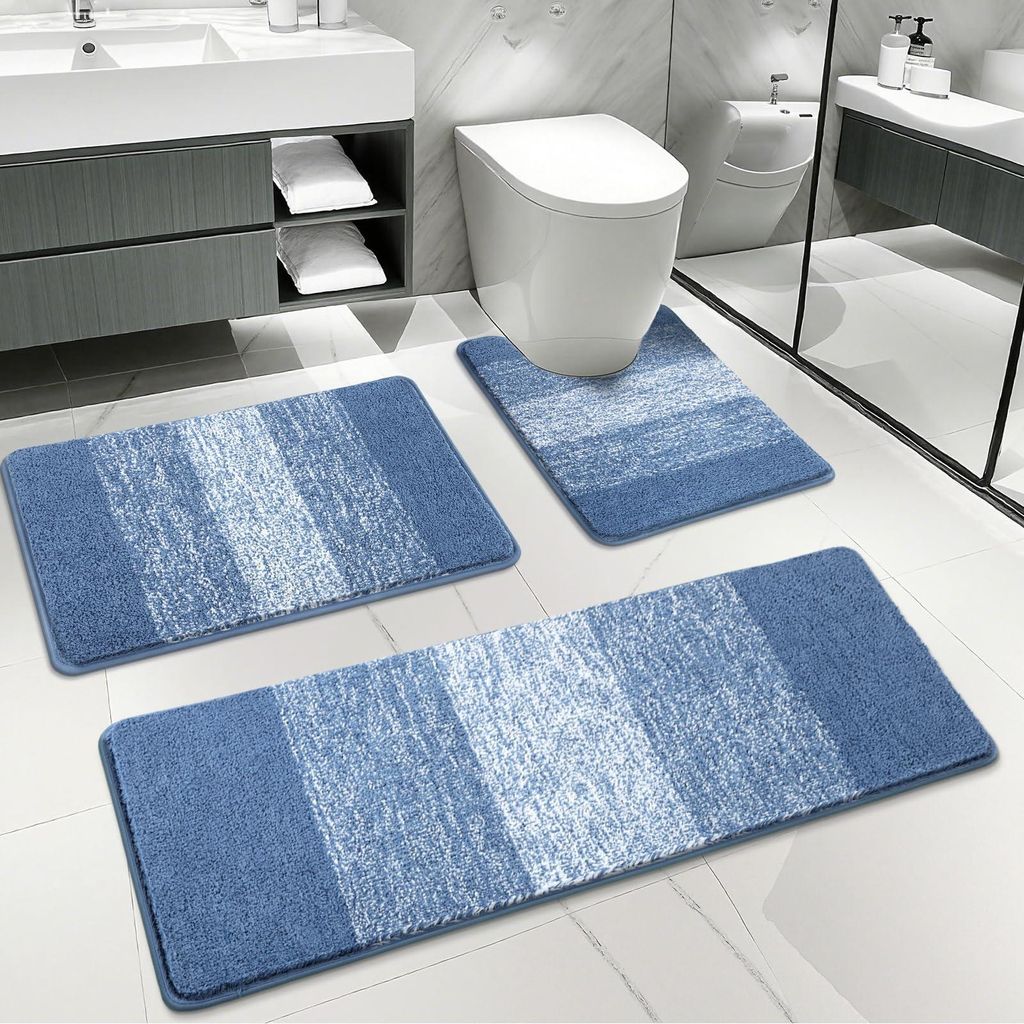 3-teiliges Badezimmer-Set aus weicher, dicker Mikrofaser (Badematte und WC-Vorleger), blau, rutschfest, waschbar, super saugfähig, schnelltrocknen...