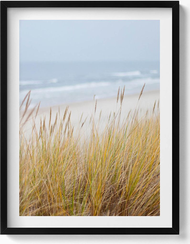 Meereslandschaft mit Strand und Gräsern– Wandbild mit Rahmen – Gerahmtes Bild – Wanddekoration – 60x80 cm – Schwarz Rahmen
