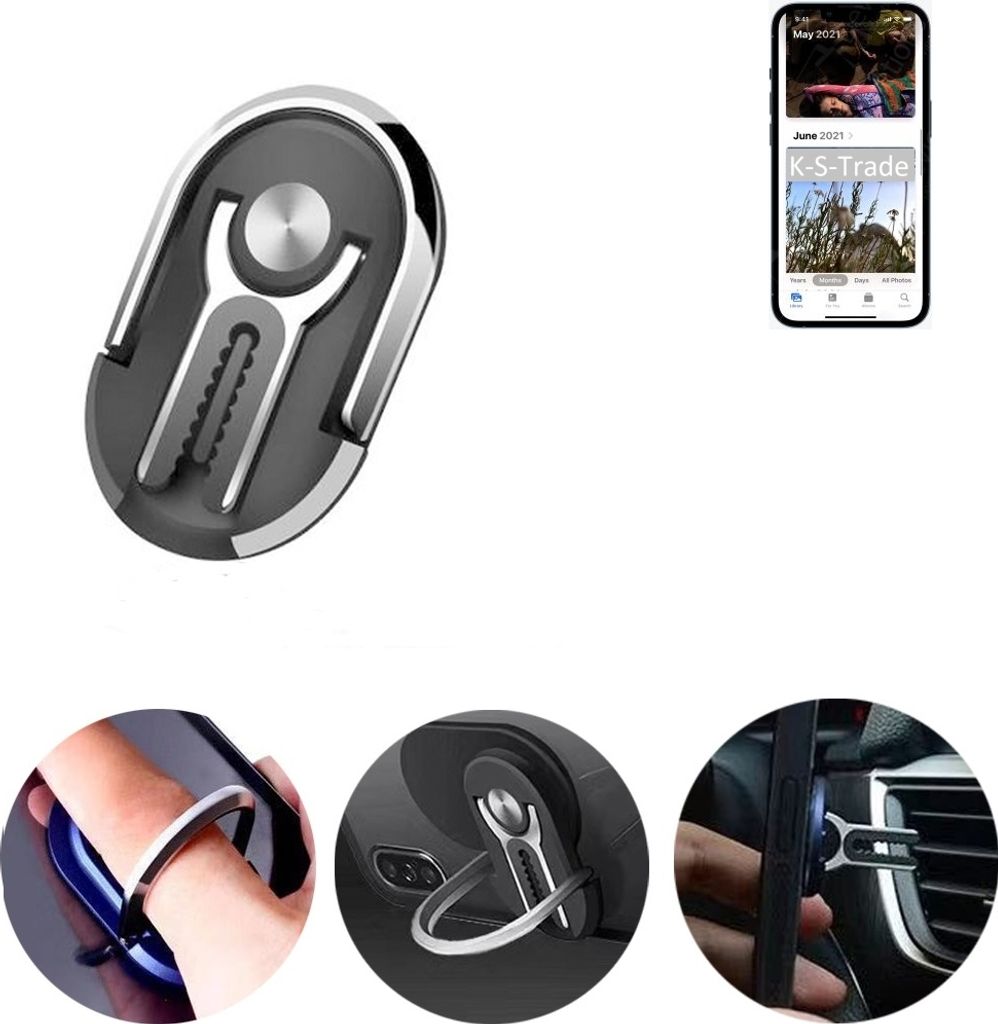K-S-Trade 3in1 Smartphone-Ring Handy-Ring kompatibel mit Apple iPhone 13 Pro Fingerhalterung Handyring Tischständer Lüftungsgitter-Halterung Tisch