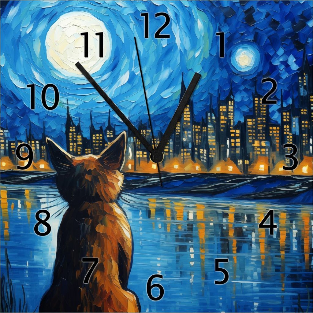 Wallario Design Wanduhr Katze im Mondschein aus Echtglas, Größe 30 x 30 cm