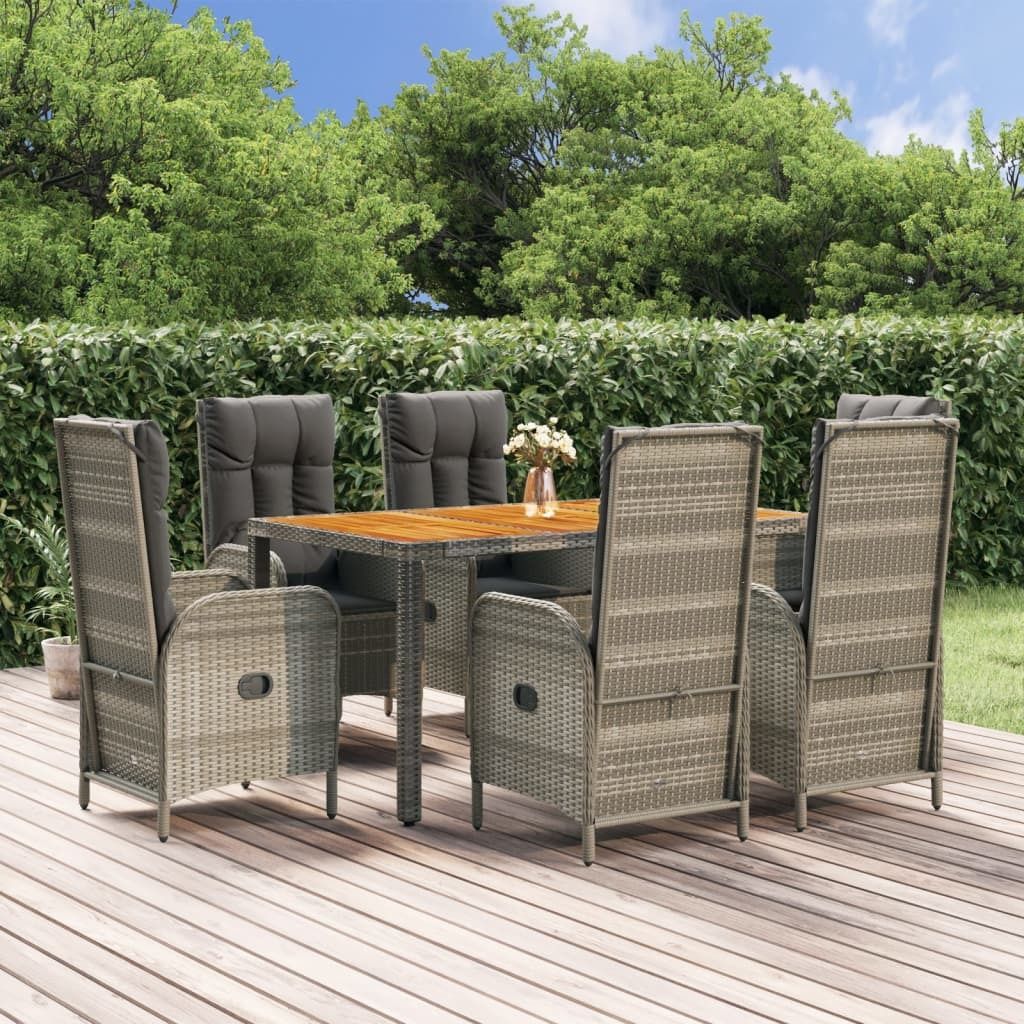 The Living Store 7-tlg. Garten-Essgruppe mit Kissen Grau Poly Rattan