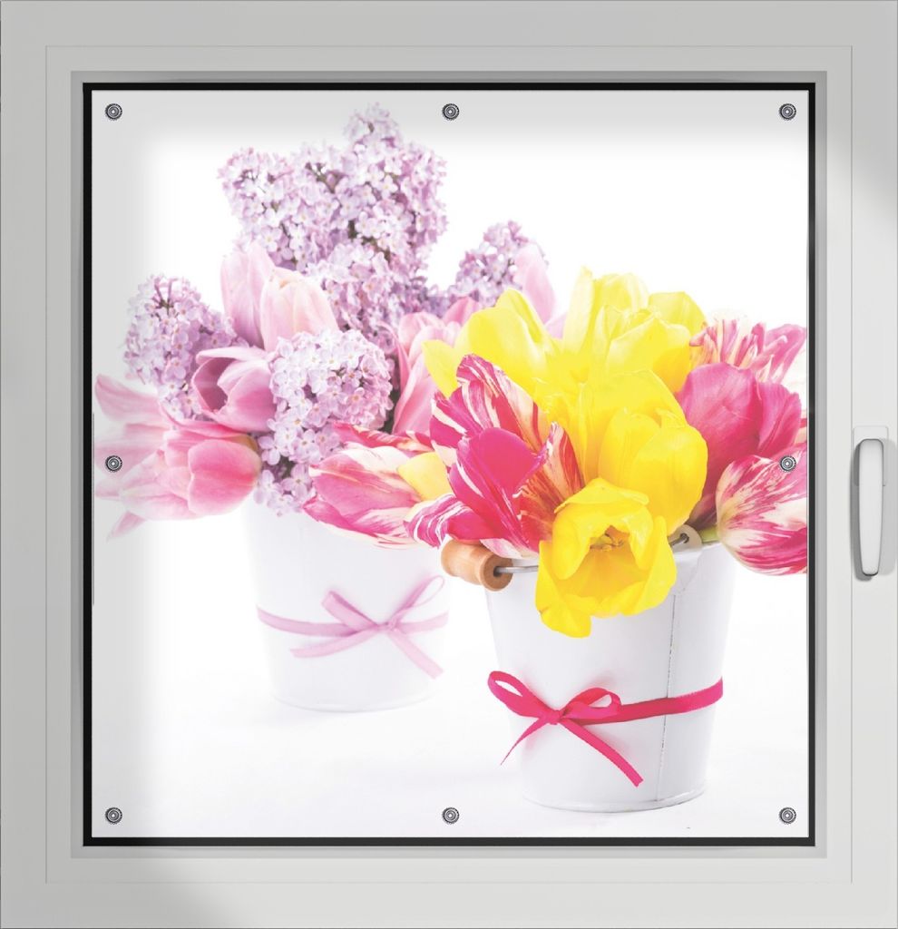 Wallario Lichtschutzbild, Dekorativer Sichtschutz Sonnenschutz 96 x 93 cm mit Motiv: Zwei Blumen-Bouquets aus gelben und roten Tulpen und Flieder -...