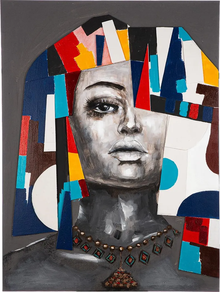 Tableau Kira Géométrique en Toile 120x90 cm - Motif Femme Gris Multicolore