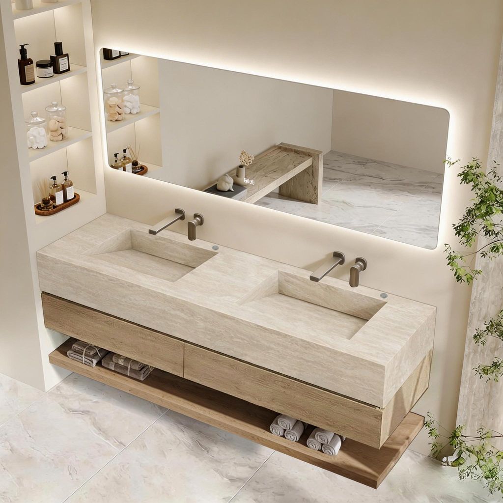 Badmöbel-Set mit Sinterstein-Doppelwaschbecken in Travertine look, verdecktem Ablauf, Spiegel, Unterschrank, Ablage, Ablaufgarnitur【SPX57-DS-130】