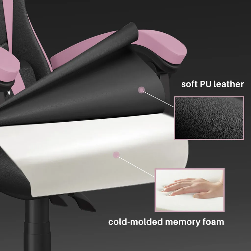 Chaise de jeu ergonomique rose et noir avec coussin lombaire réglable