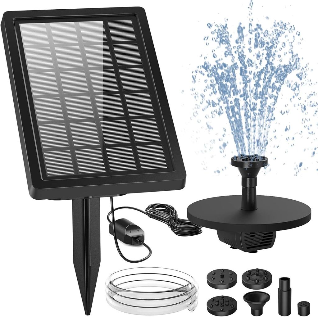 A solar-powered fountain pump kit with multiple nozzle attachments and a coiled hose, displayed against a white background.
