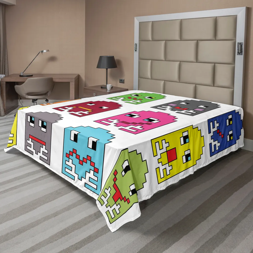 Drap Plat pour Lit Décoratif Thème Rétro Gaming Années 90 Vert et Jaune