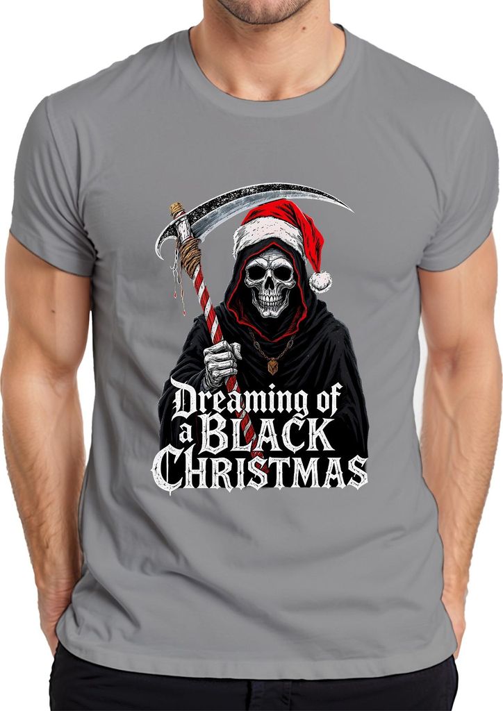 Dreaming of a Black Christmas Sensenmann Skelett düster Gothic Herren T-Shirt, Grau, L