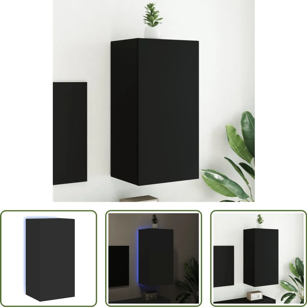 The Living Store Meuble TV Mural Noir avec LED, Design 40,5x35x80 cm