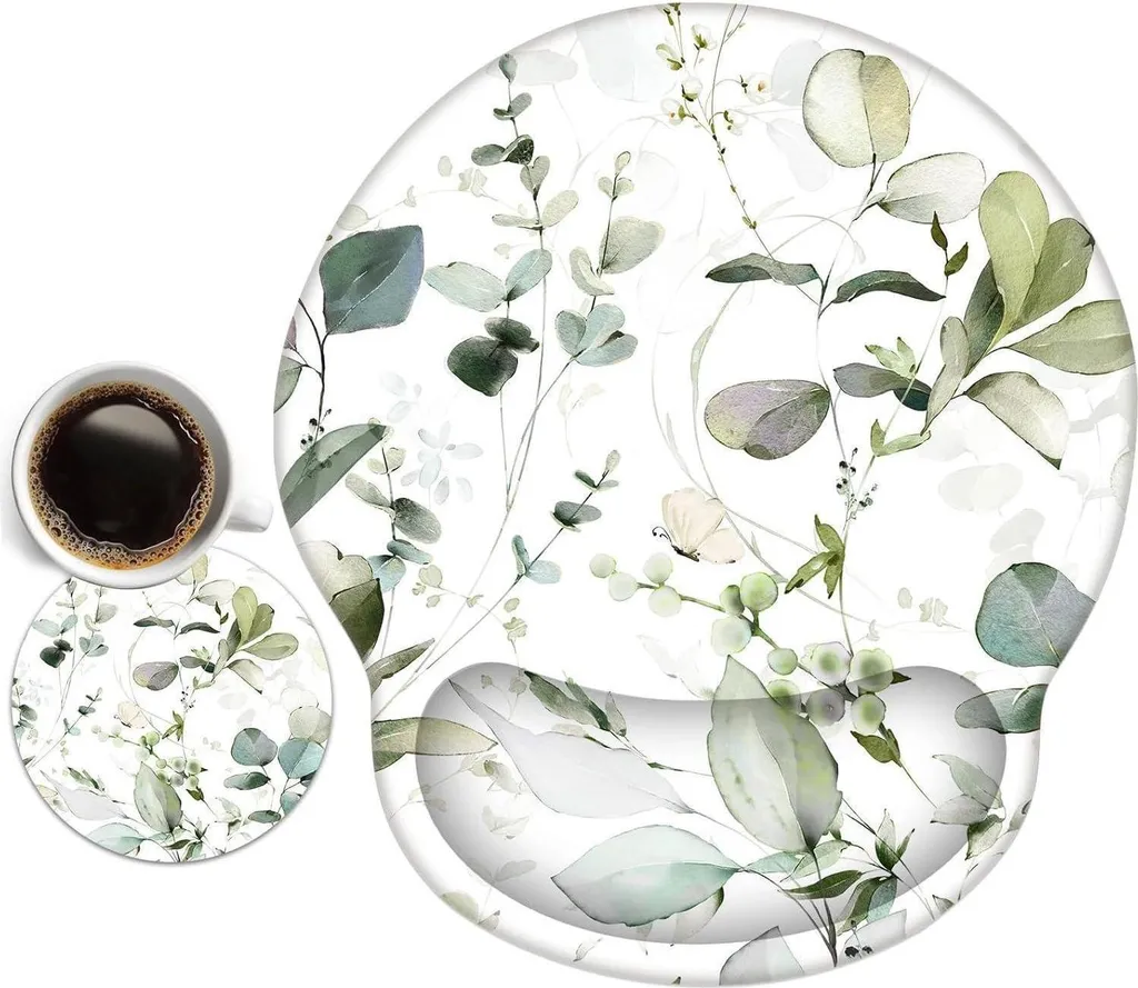 Repose-poignet tapis de souris gel motifs feuillages + sous-verre offert