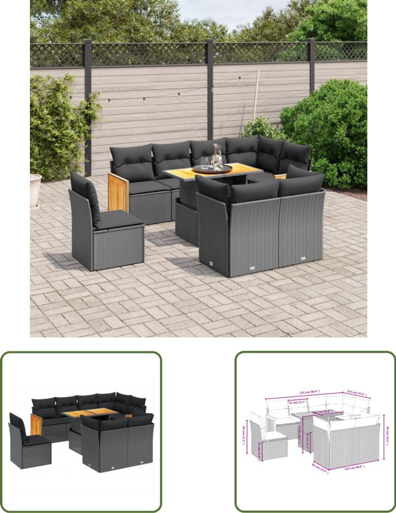 The Living Store 9-tlg. Garten-Sofagarnitur mit Kissen Schwarz Poly Rattan