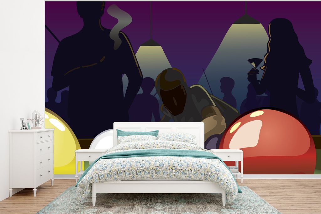 MuchoWow Fototapete für Wohnzimmer oder Schlafzimmer Wandtapete Vinyl Motivtapete Eine Illustration einer Person, die an einem Billardtisch stö...