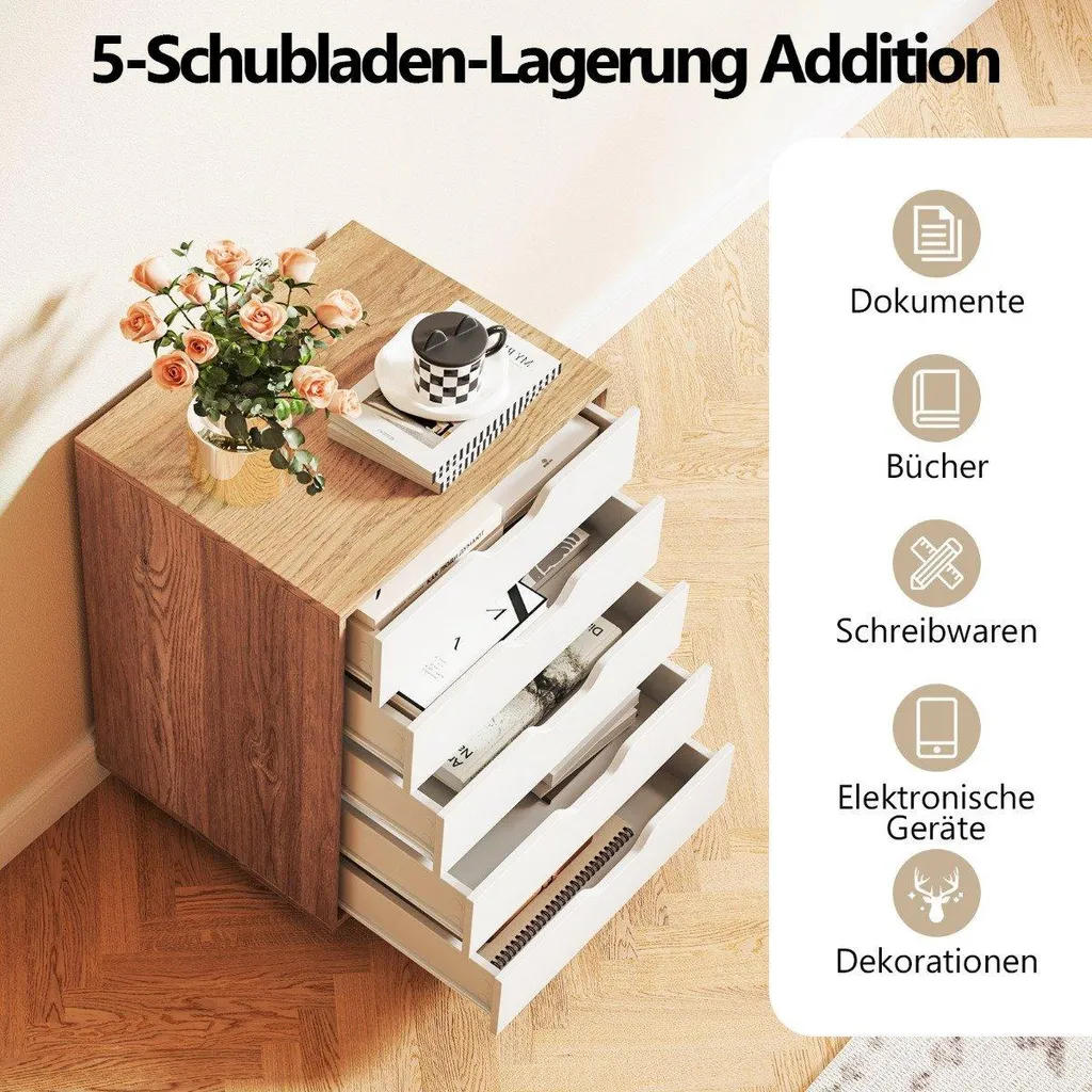 Caisson de bureau mobile 5 tiroirs, rangement dossiers à roulettes