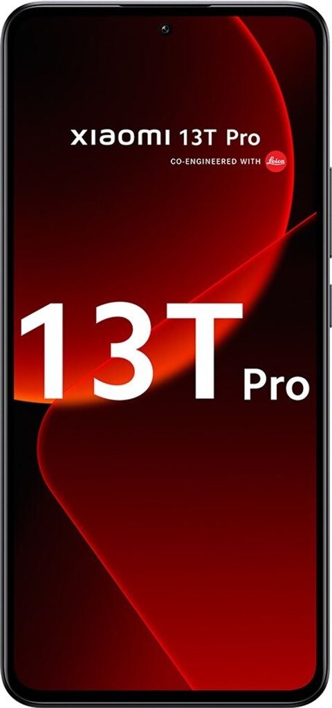 A marketing image of a Xiaomi 13T Pro smartphone with a red gradient background.