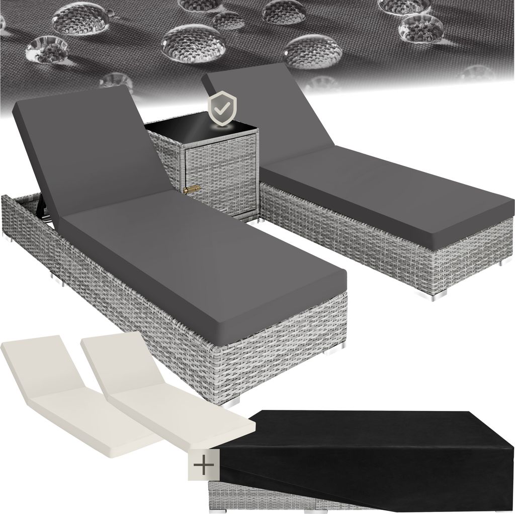 A set of rattan sun loungers with cushions, a side table, and a protective cover, presented in a collage format with a background suggesting water resistance.