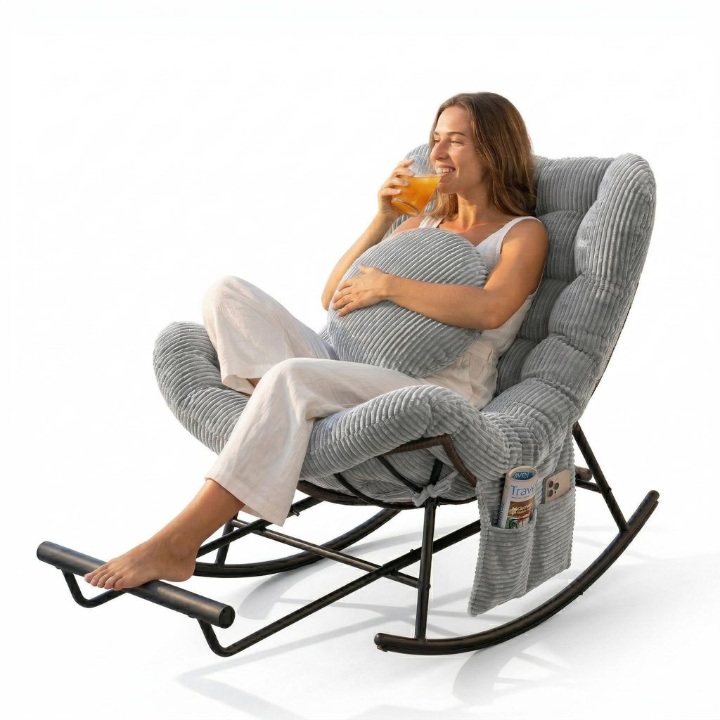 LVHOM Schaukelsessel mit verstellbarer Fußstütze, Schaukelstuhl Cordbezug, Rattanstuhl mit Stahlgestell und Seitentasche, Loungesessel, Hellgrau