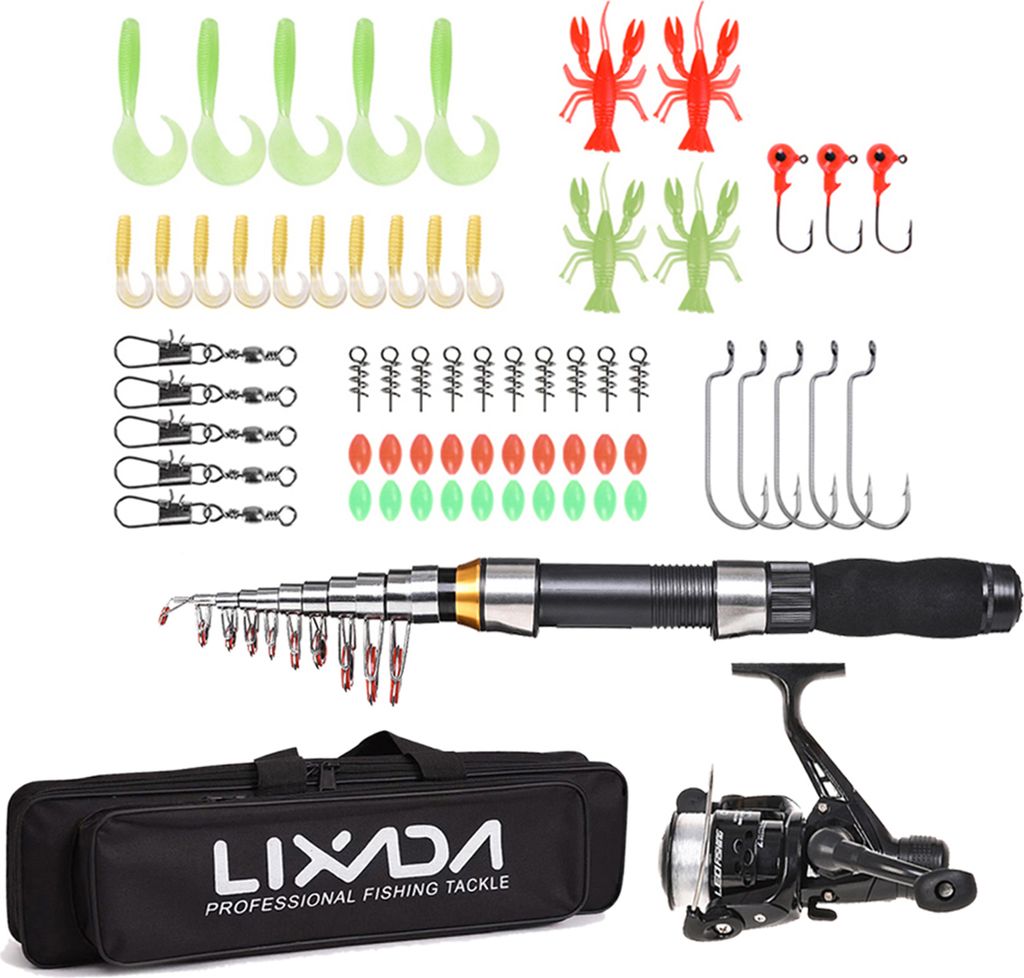 Lixada Angelrute Rolle Combo Komplettset 2.1m Teleskop Angelrute Spinnrolle Set mit Haken Soft Lures Barrel Swivels Aufbewahrungstasche