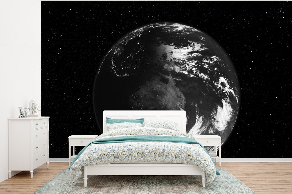 MuchoWow Fototapete für Wohnzimmer oder Schlafzimmer Wandtapete Vinyl Motivtapete Erde - Planeten - Sterne - 350x260 cm - Wohnzimmer-Tapete