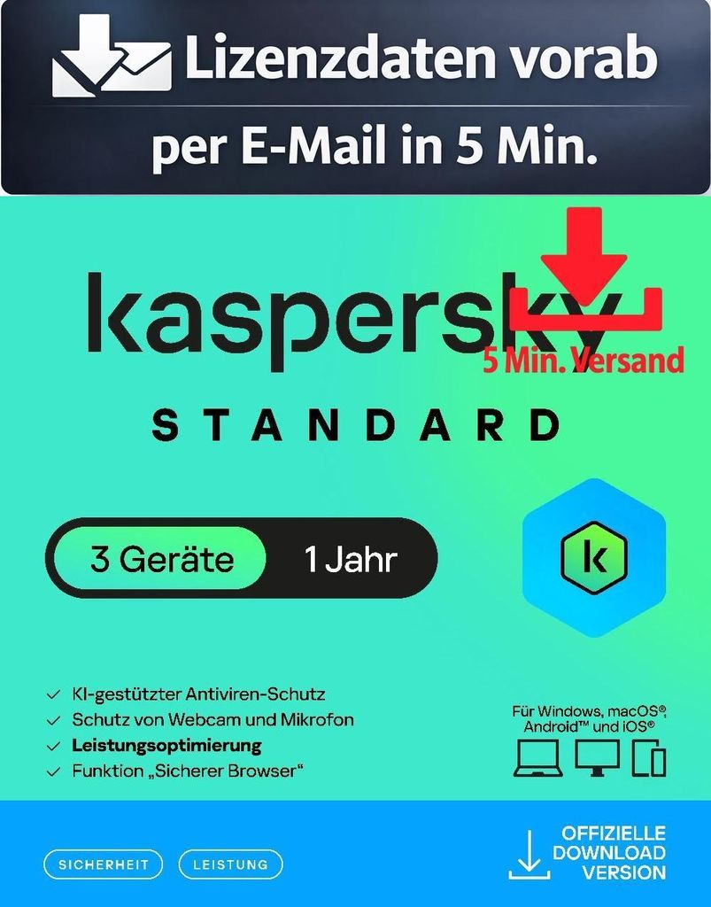 Kaspersky Standard (3 Device - 1 Jahr) DACH ESD Antivirus Sicherheit 5 Min. Versand als Download per Mail