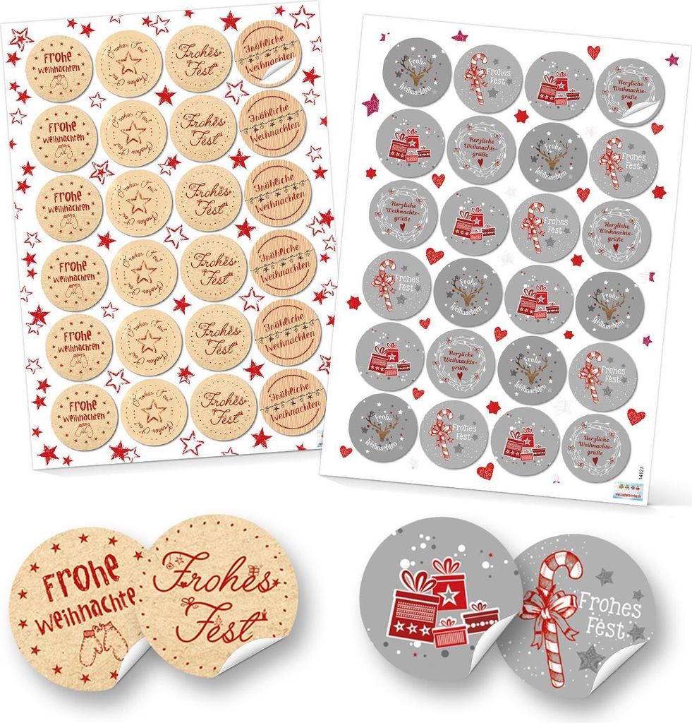 SET 2 x 24 runde Frohe Weihnachten Aufkleber 4 cm in Rot, Grau, Natur und Weiß