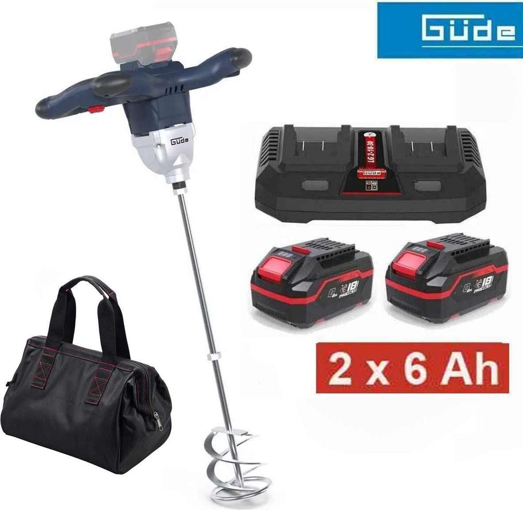 Güde Profi Rührwerk RW 18-602-30 mit 2 x Akku 6.0 Ah, Doppel Ladegerät, Tasche