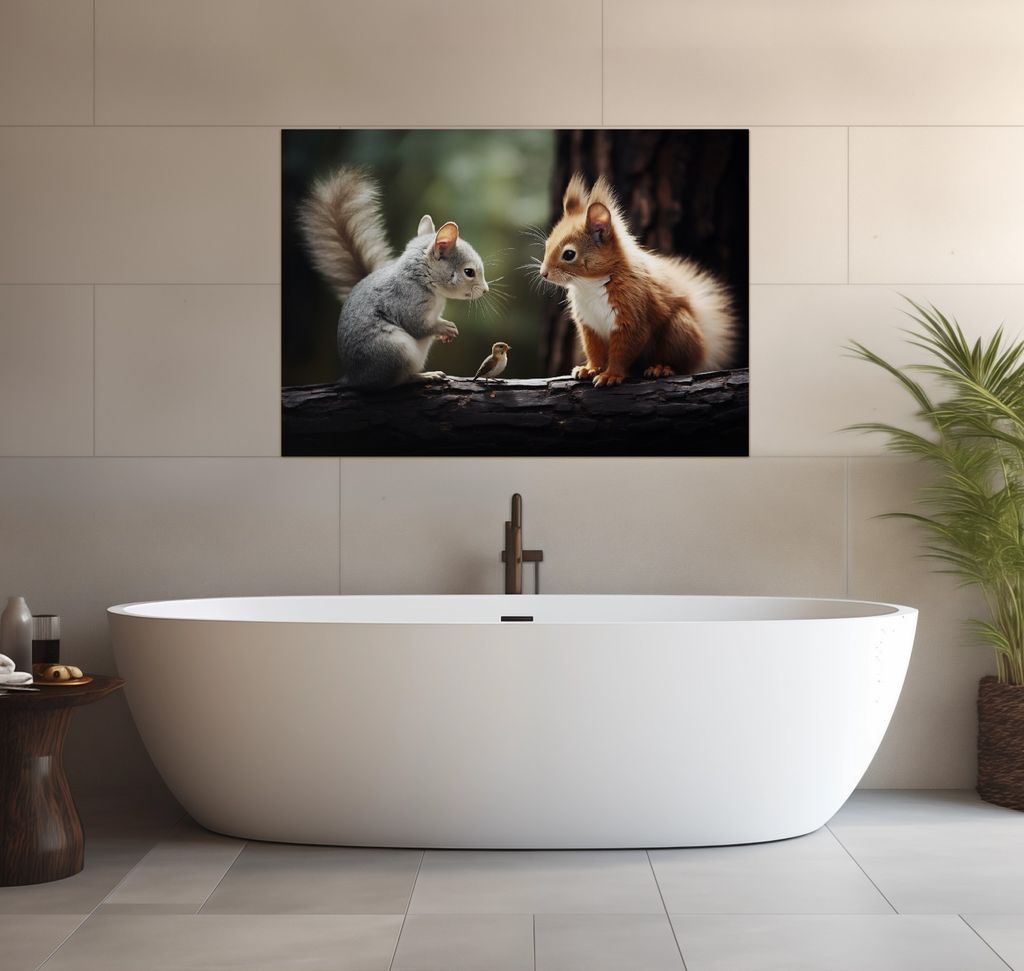 Wallario wasserfestes Poster selbstklebend 70 x 100 cm, Waldfreunde im Dialog, Badezimmerposter Spritzschutz mit Hochglanzoberfläche in Glasoptik