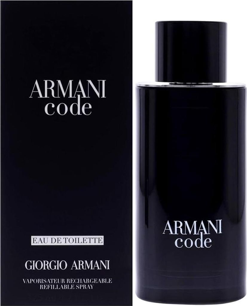 A black box and a black bottle of Giorgio Armani Code Eau de Toilette.