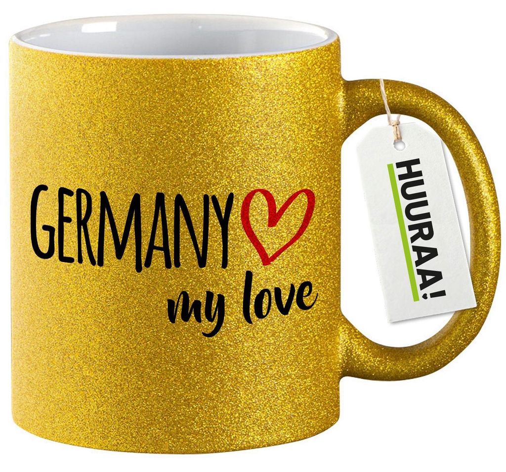 Huuraa Glitzertasse Germany my love 330ml Gold Keramik Kaffeebecher Geschenkidee