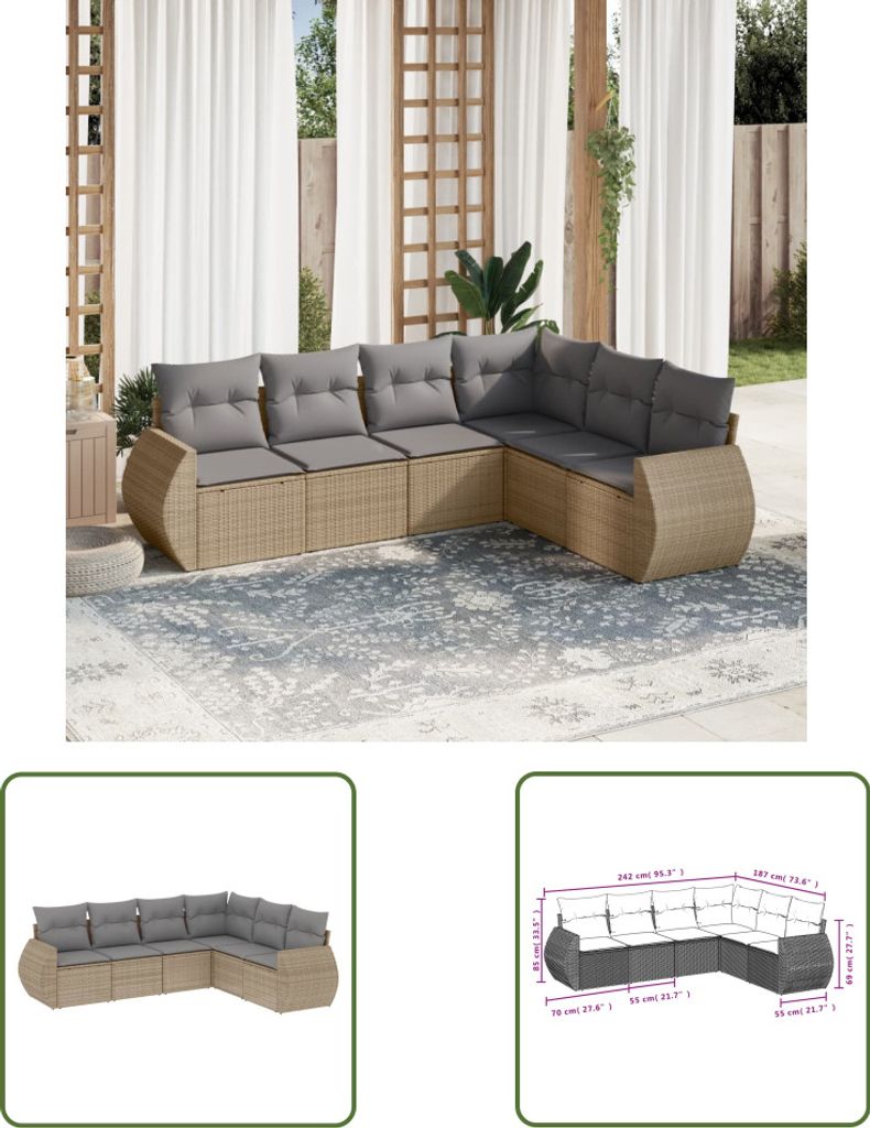 The Living Store 6-tlg. Garten-Sofagarnitur mit Kissen Beige Poly Rattan