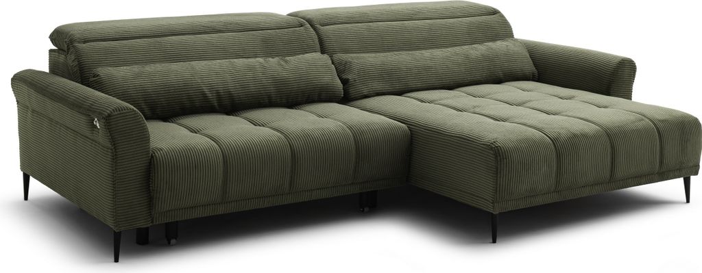 Wohnlandschaft >Wolve< Kopfteilverstellung, 2 Kissen, Cord grün - 277x108x179cm (BxHxT)