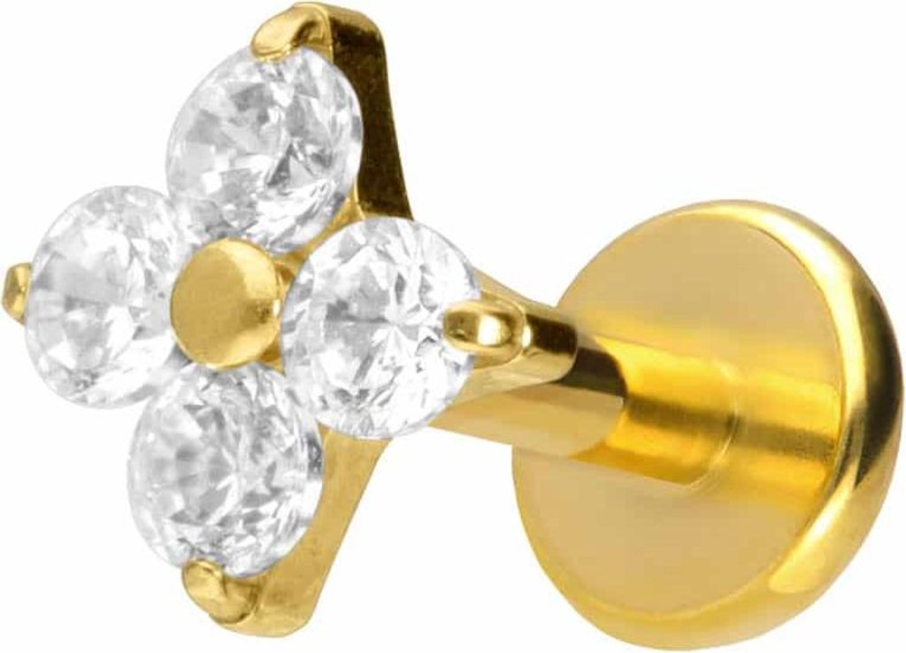 Ohrpiercing, Nasenpiercing Titan Labret mit Push Fit KRISTALLBLUME Gold Stablänge: 6mm | Stabstärke: 1mm