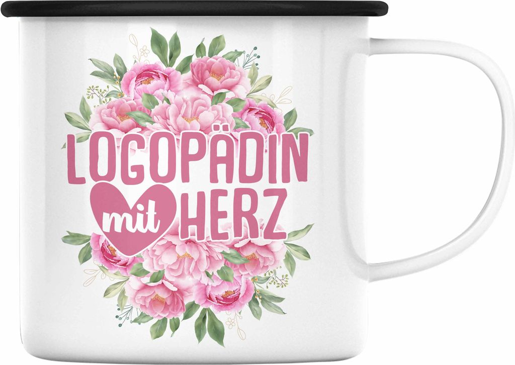 Trendation - Logopädin Mit Herz Emaille Tasse Geschenk Logopädie Logopäde (Schwarz)