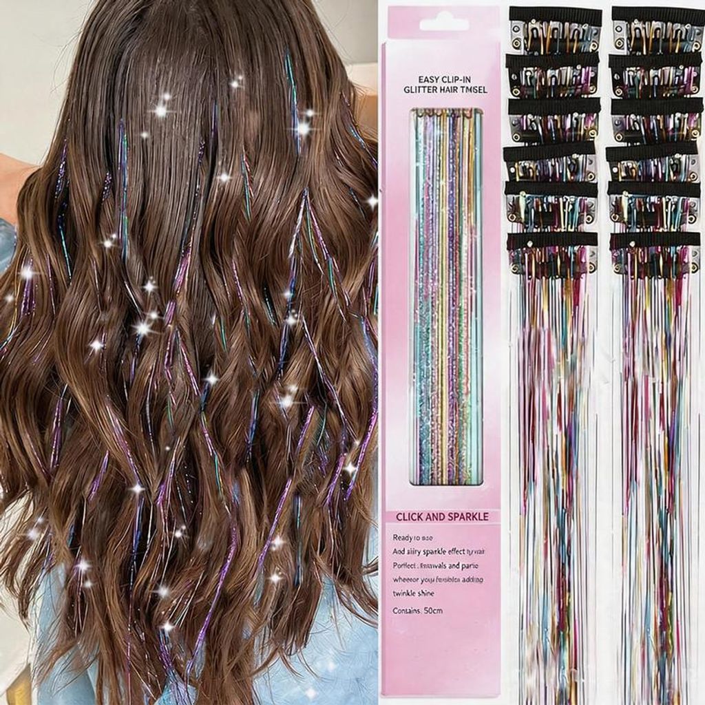 12 Stück Hair Tinsel Extensions Clip In, Glitzer Produktbild 