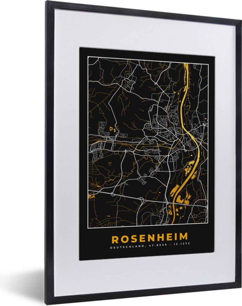 MuchoWow Gerahmtes Poster Rosenheim - Stadtplan - Karte - Deutschland - Gold 30x40 cm - Poster mit Schwarzem Bilderrahmen Wandposter Rahmen Foto ...
