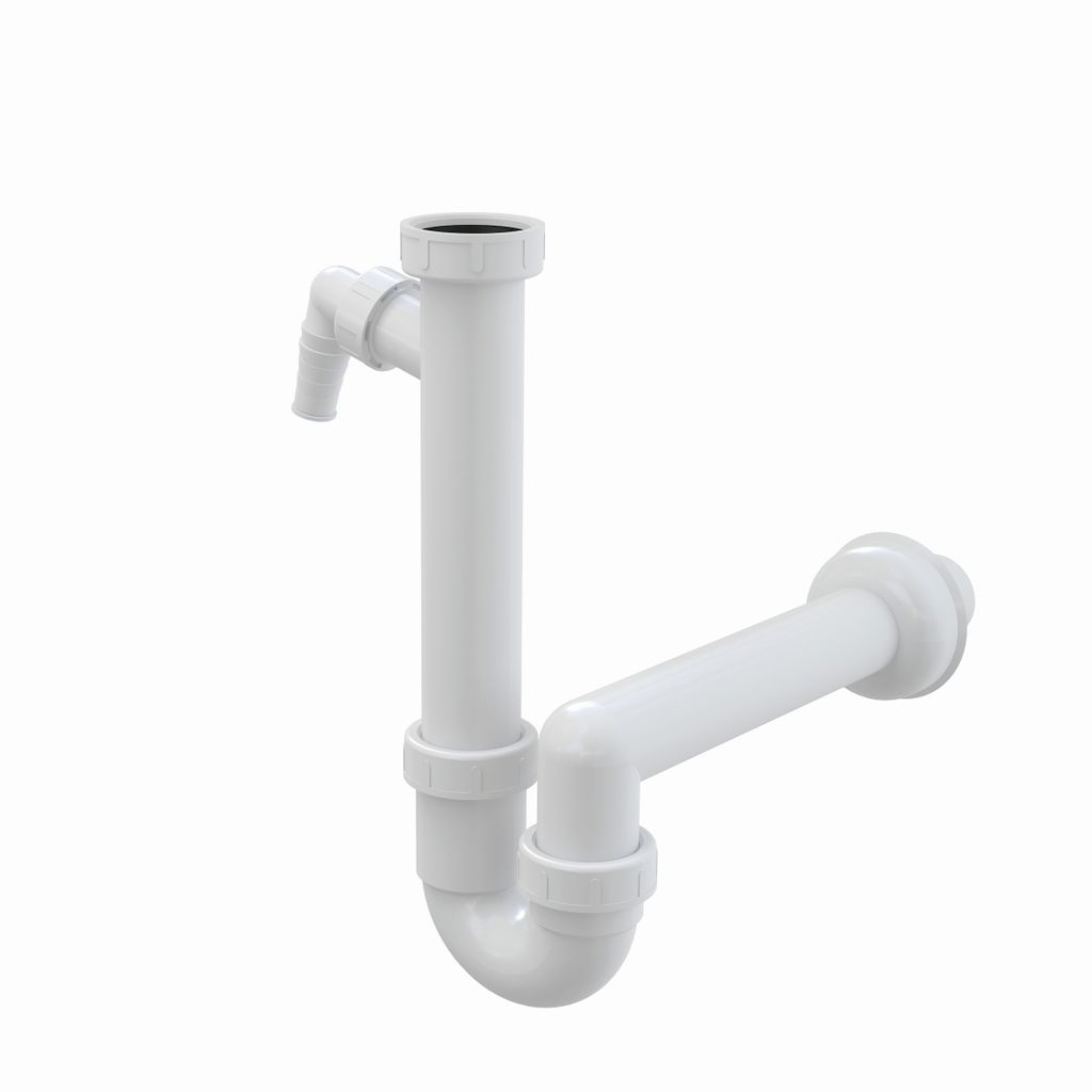 A white plastic sink trap with a device connection.