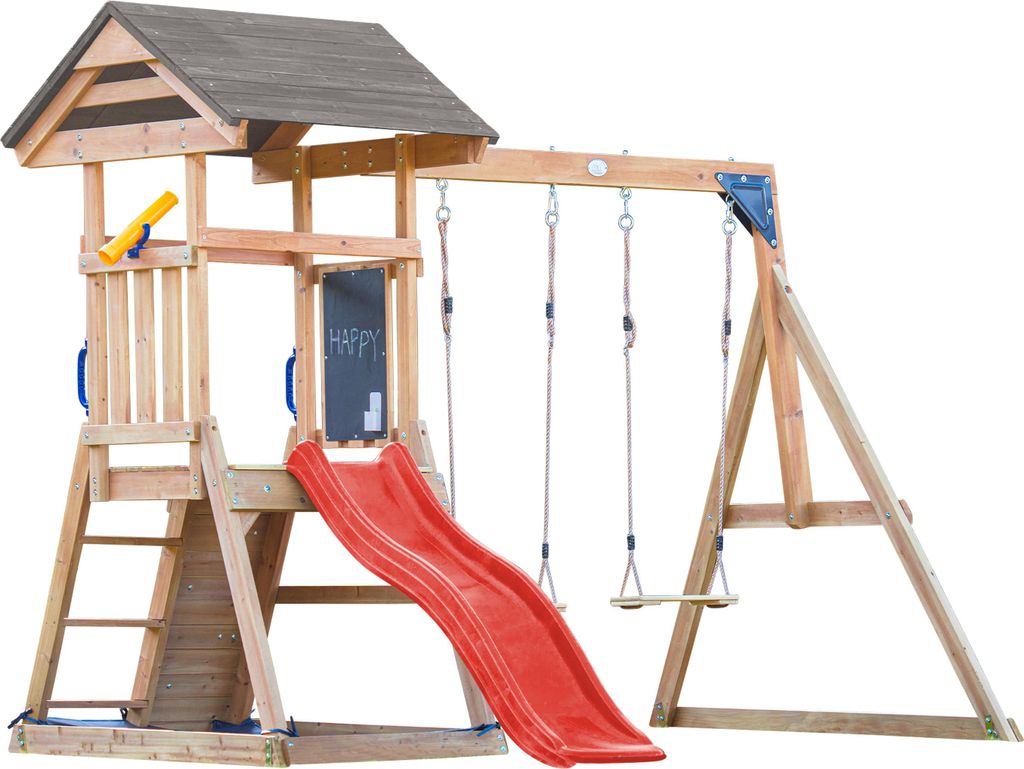 AXI Mia Spielturm aus Holz in Braun mit Doppelschaukel | Spielplatz für Kinder mit roter Rutsche, Schaukel, Kletterwand & Sandkasten | Stelzenhaus...