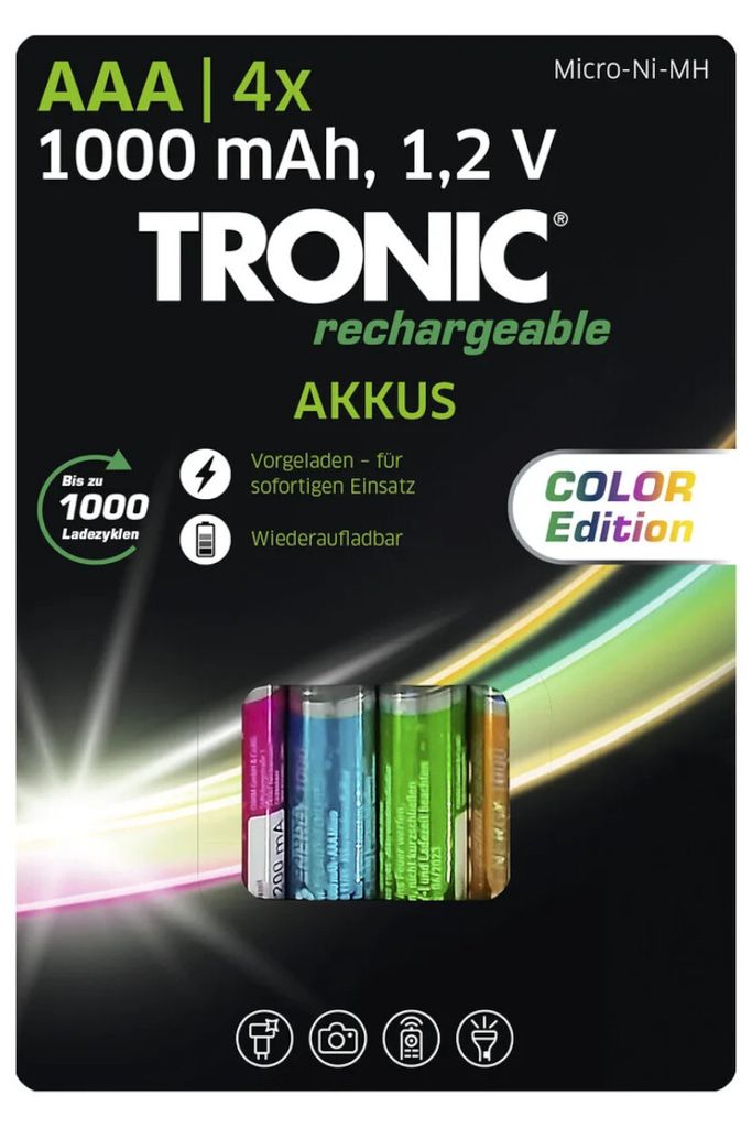 Tronic Akku Micro-Ni-MH 4er Set COLOR Edition Batterie Produktbild 