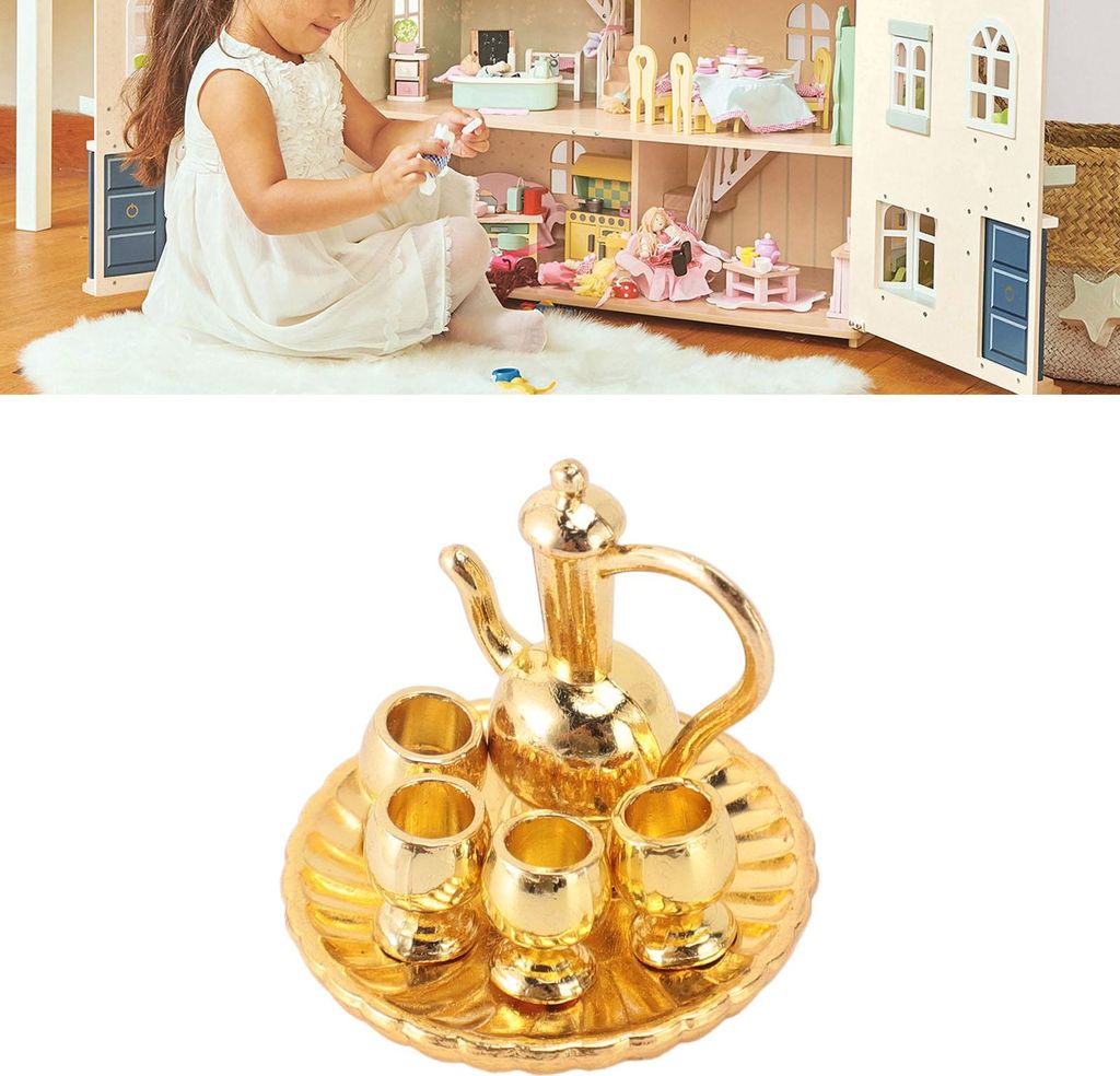 2 Sets 1:12 Puppenhaus-Teetassen-Set, leicht, exquisite, lebendige Miniatur für Zubehör, Gold