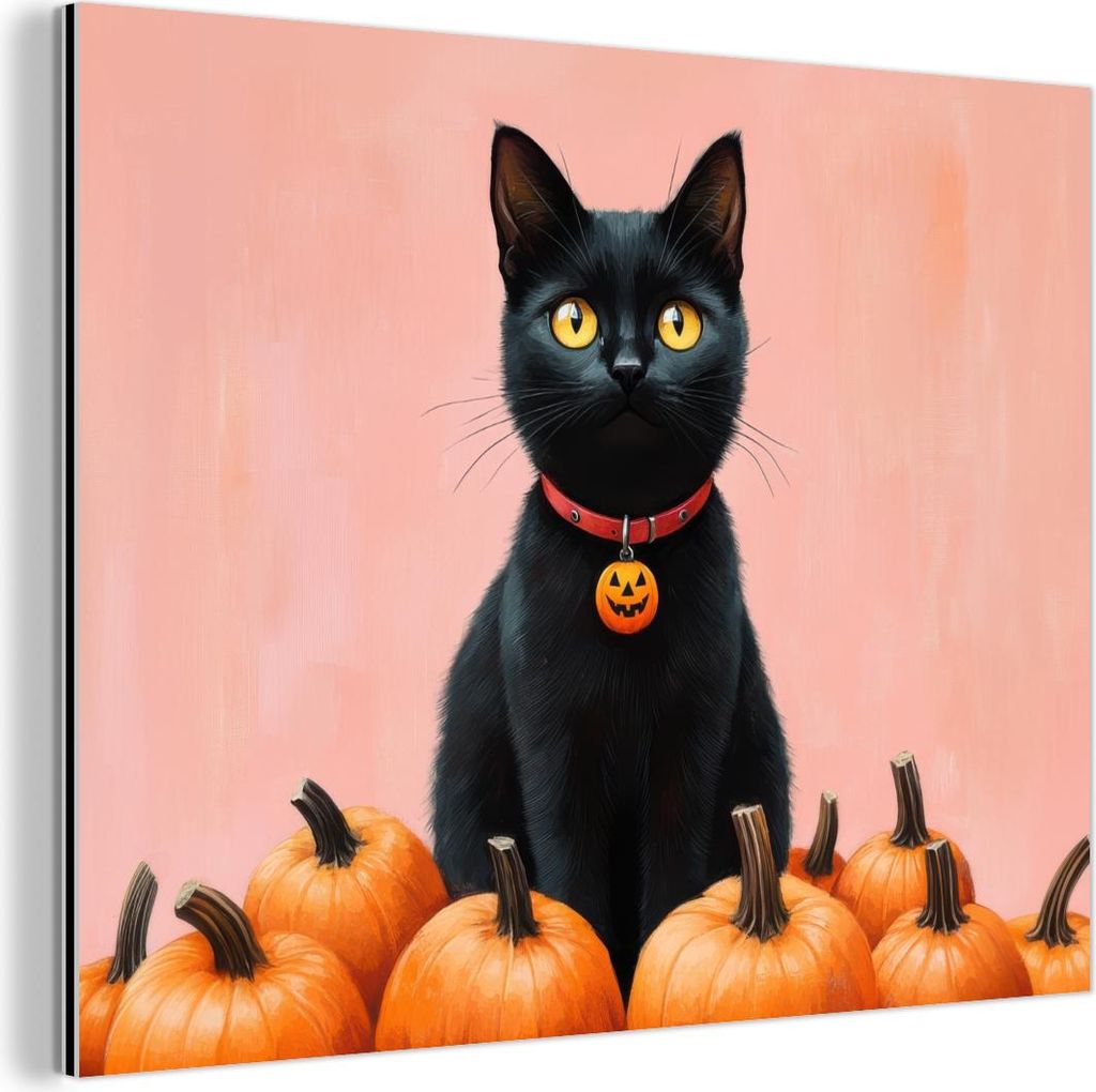 MuchoWow Wanddekoration Metall Metallbild Wandkunst 80x60 cm Katze - Kürbis - Rosa MuchoWow Aluminium Gemälde - Alubild