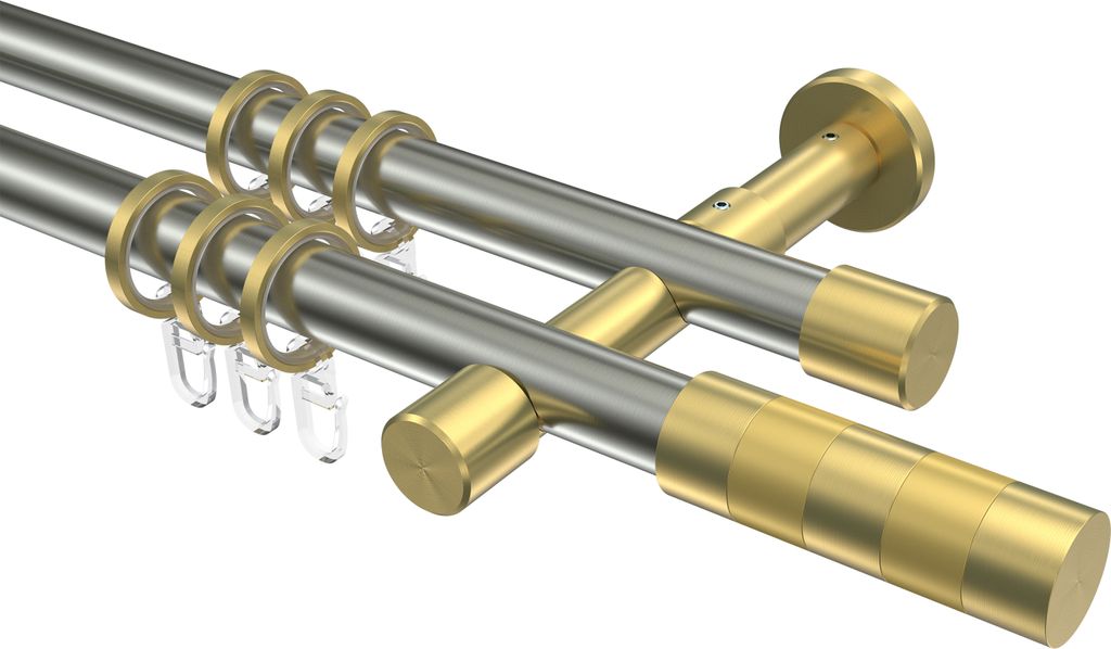 Interdeco Gardinenstange / Vorhangstange Edelstahl-Optik / Messing-Optik, Typ Prestige Mavell (Zylinder Bicolor), 20 mm Ø 2-läufig, 120 cm