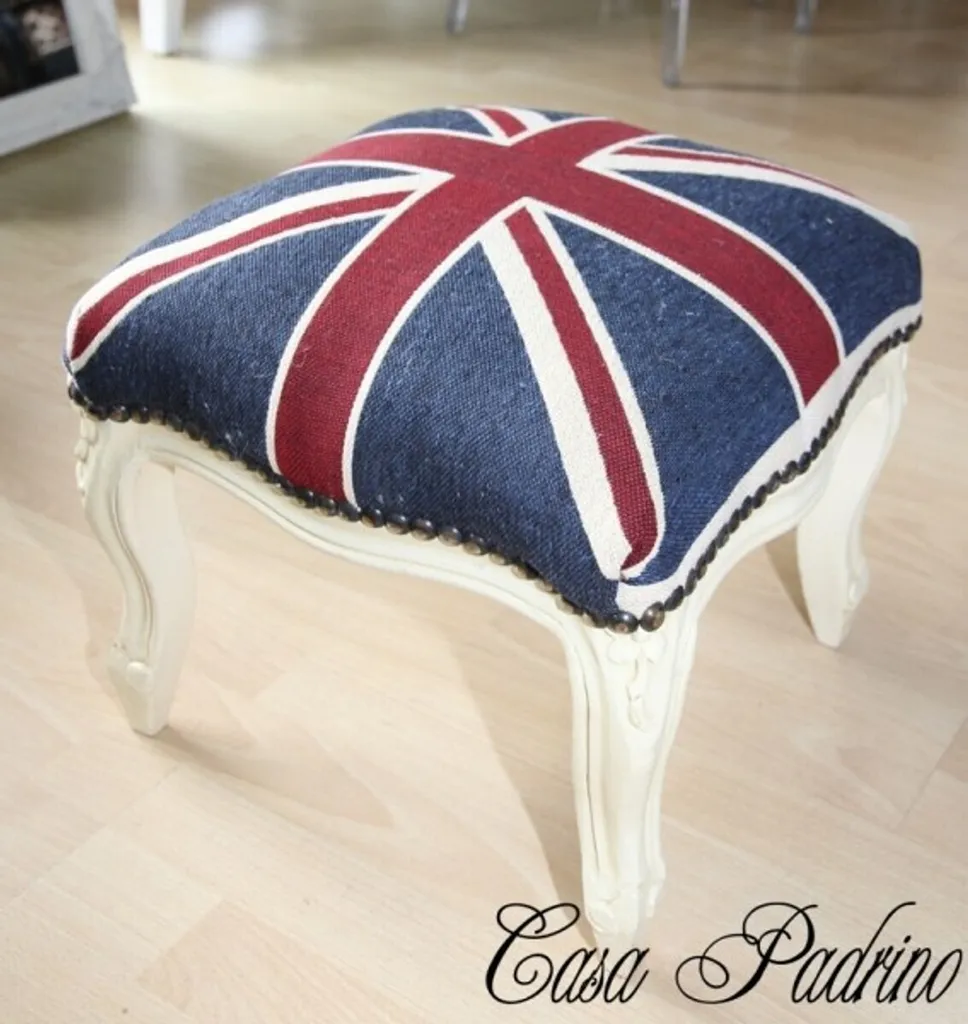 Tabouret Union Jack en tissu crème rétro - Siège d'appoint antique